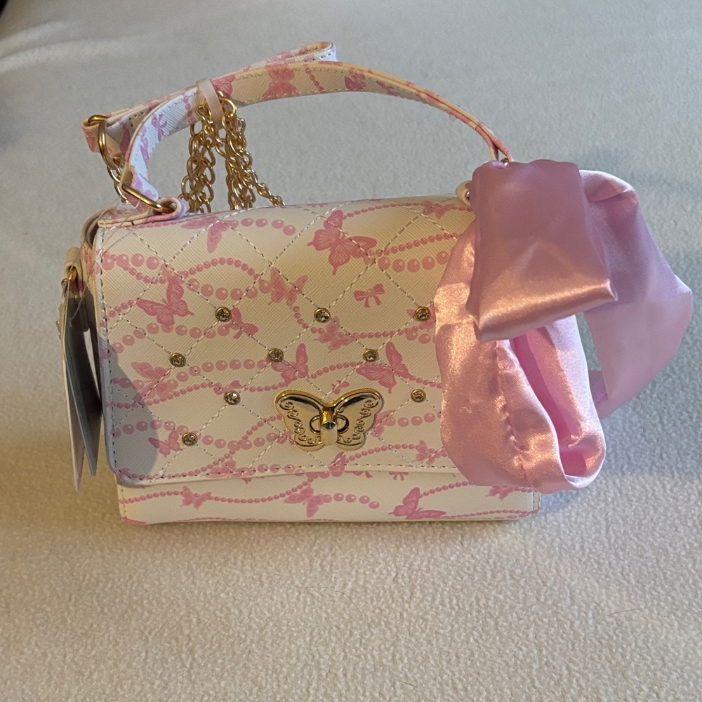 Under One Sky Pink Butterfly Top-Handle Bag with Satin Bow & crossbody chain